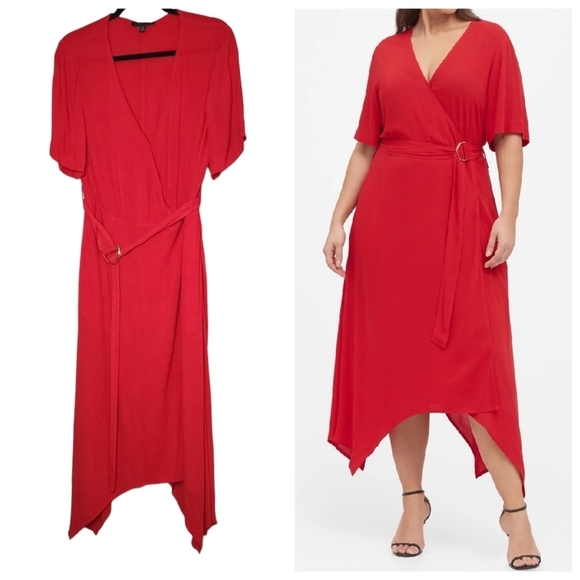 Banana Republic handkerchief hem red wrap midi dress. Belted. Size 12. Pockets - Picture 1 of 16
